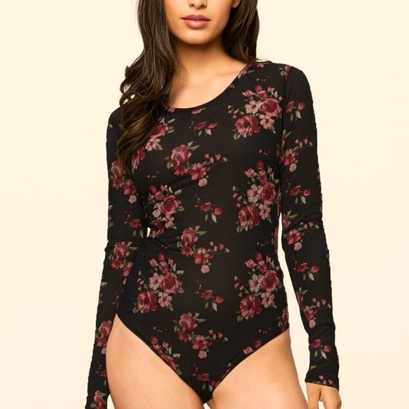 Rue 21 Bodysuit Women's Size Medium Navy Floral Long Sleeves Snap Crotch Sheer - Picture 1 of 5
